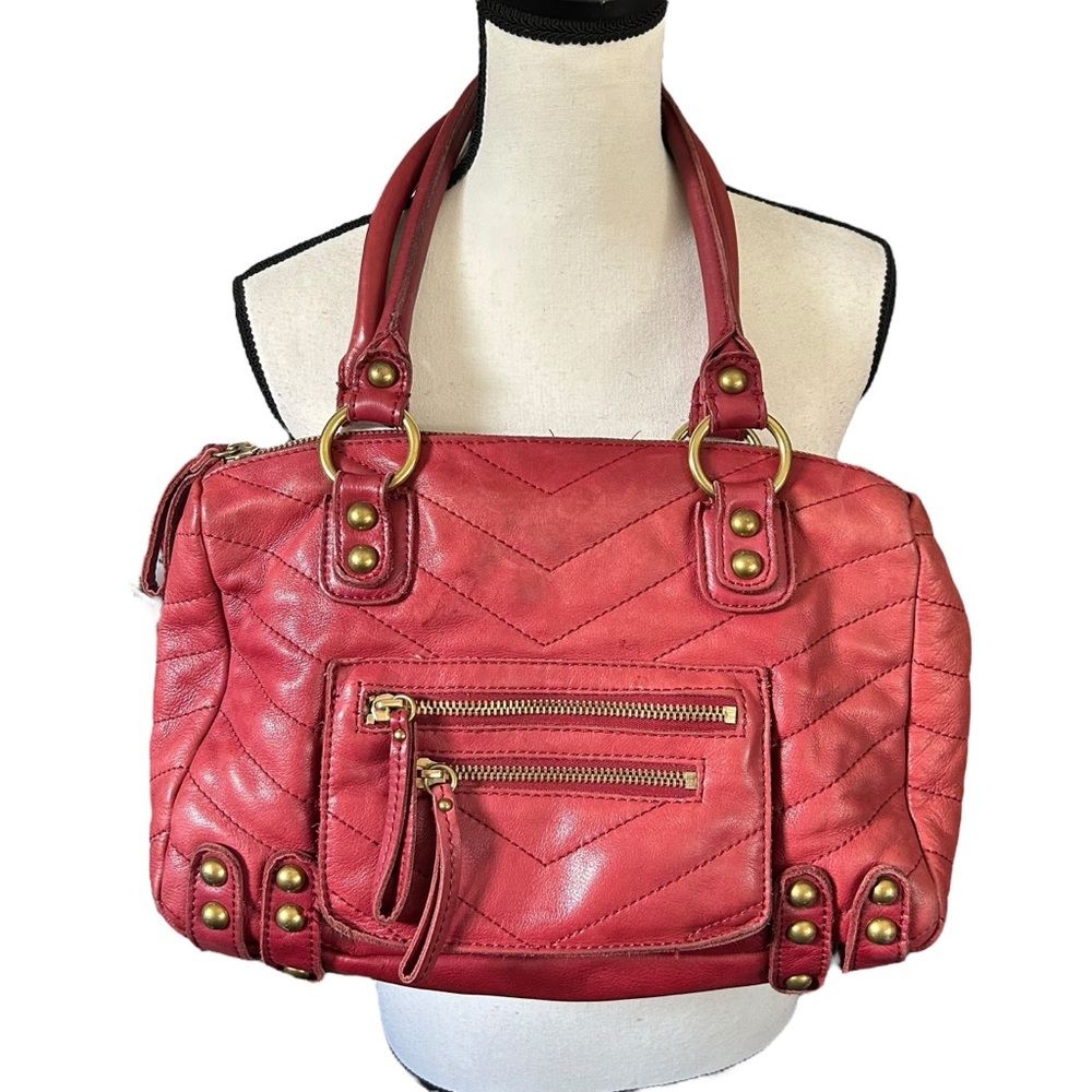 Linea Pelle Dylan Red Leather Quilted Chevron Large Speedy Bag Boho Distressed